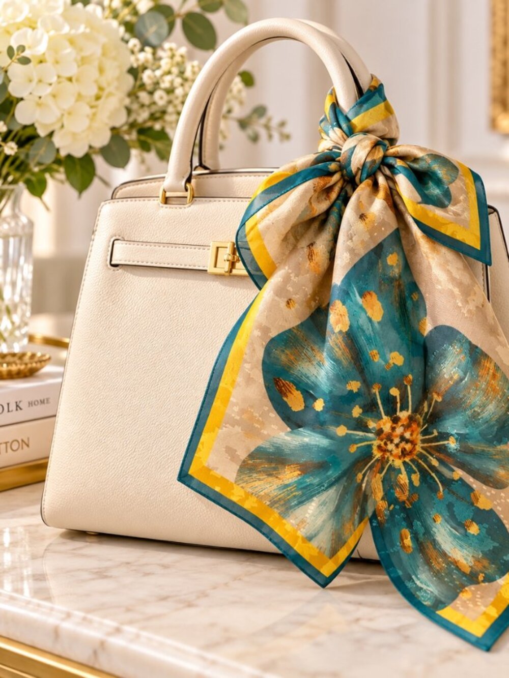 Teal Floral Square Scarf 70x70cm Beige Blue Yellow Statement Scarf